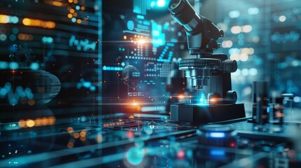 Obraz premium close up view of advanced laboratory equipment with glowing interfaces and holographic displays