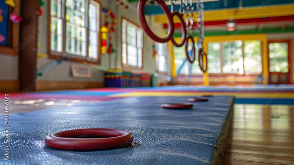Poster cubist-style artistic gymnastics apparatus including rings, bars, and beams with a focus on clean li