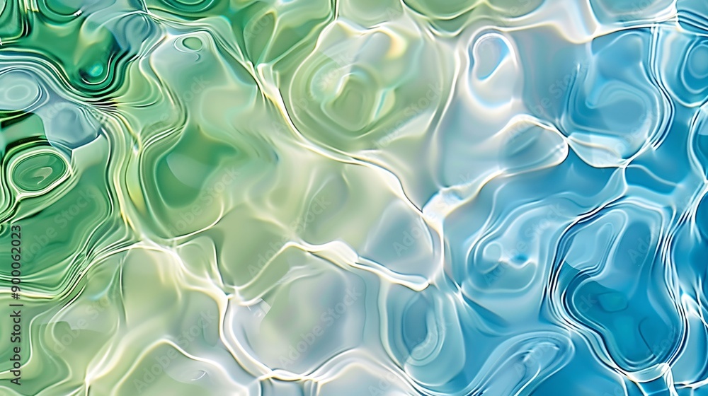 Poster abstract depiction of synchronized swimming pools with fluid, wave-like shapes in bright blue and gr