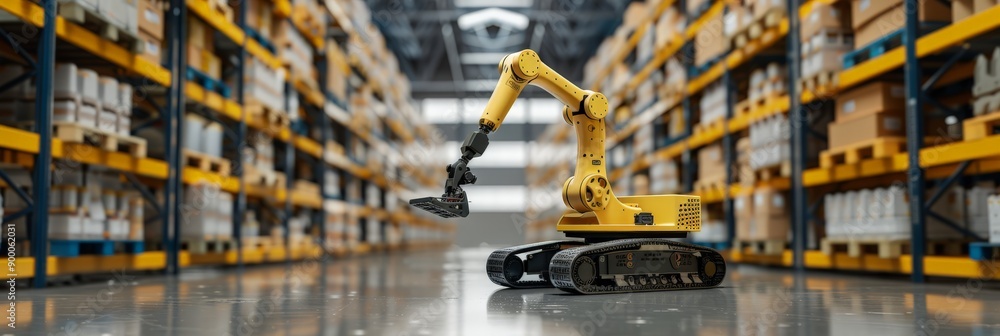 Poster Yellow tracked robotic arm navigating a warehouse aisle. Advanced robotics in industrial storage and logistics.