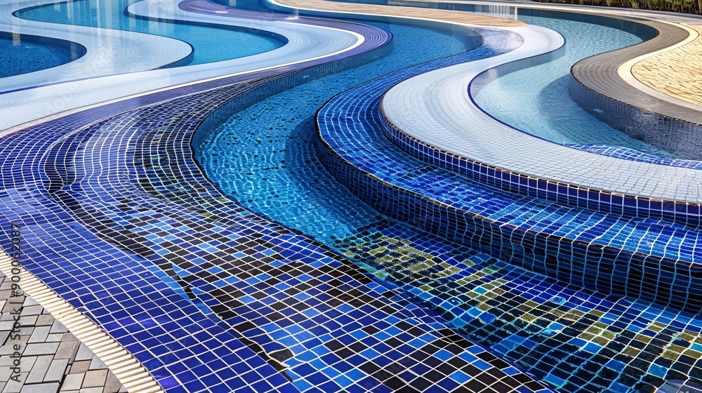 Poster abstract depiction of synchronized swimming pools with fluid, wave-like shapes in bright blue and gr