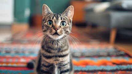A cute tabby cat with wide round eyes looking up, shocked expression.