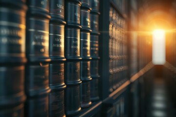 Obraz premium The Civil Code is highlighted with sunlight filtering through holographic legal texts in a modern legal library