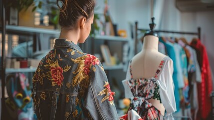 Obraz premium Back view of a fashion designer arranging clothes on a mannequin