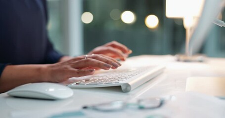 Finance, hands or keyboard in office for typing, company update or budget review on computer. Woman, productivity and tech at table for communication, feedback and online report or administration