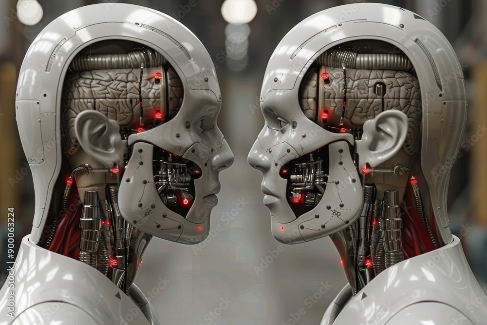 Poster two humanoid robots facing each other symbolizing communication and connection in the age of artific