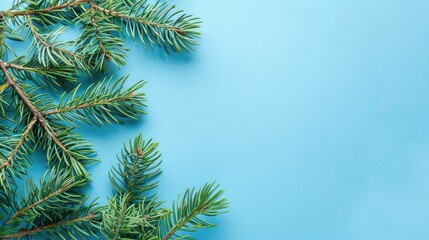 Obraz premium Fir branch on blue background top view for Christmas card