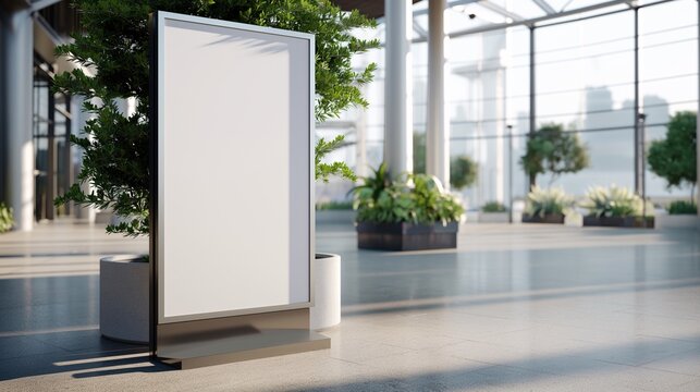 Modern Advertising Space: A sleek, blank billboard stands tall in a sunlit atrium, surrounded by lush greenery, offering prime advertising real estate in a contemporary architectural setting. 