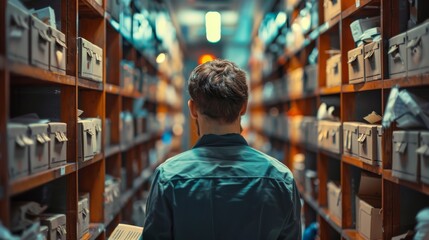 Back view of a postal worker sorting mail in a post office