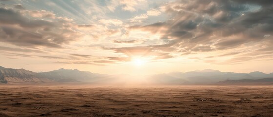 Obraz premium Vast plains with sunlight filtering through expansive cloud formations, producing an ultramodern, supernatural scene, banner, with copy space