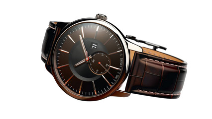 A watch with a brown band and a white face