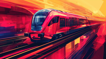 Red modern train on a stylized background in vector style