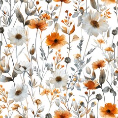 Watercolor Floral Seamless Pattern - White Background with Orange and Grey Flowers