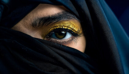 Naklejka premium Closeup of a Woman's Eye with Golden Eye Shadow and Long Lashes