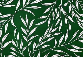 White Willow Branches on Emerald Green Background Seamless Pattern