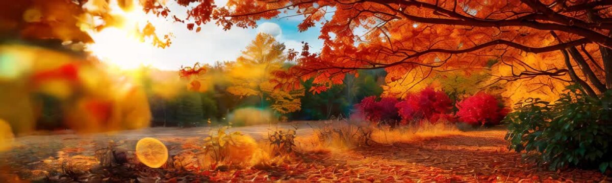 autumn forest background with golden lighting and bright orange maple leaves. beautiful colorful fall season nature scene with copy space. Web site banner