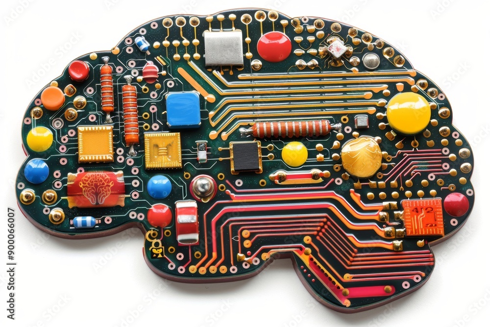 Poster colorful circuit board in the shape of a brain symbolizing the fusion of technology and human intell