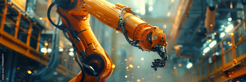 Poster orange industrial robotic arm in action with sparks flying. depiction of advanced manufacturing and 