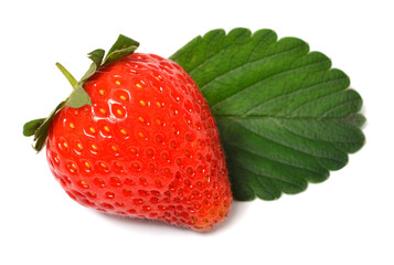 One strawberry macro with leaf isolated on white background