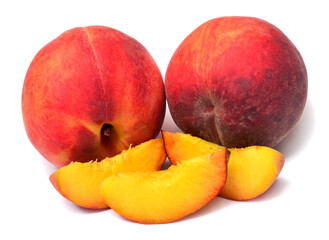 Peach whole and slices isolated on white background