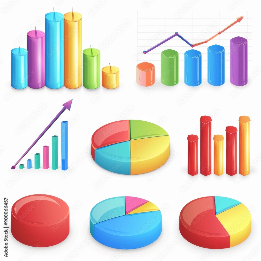 Poster Data Visualization Set with Bar and Pie Charts in Infographic Style on White Background