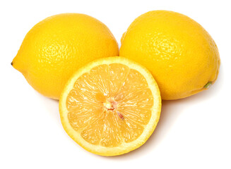 Lemon fruit whole and half isolated on white background