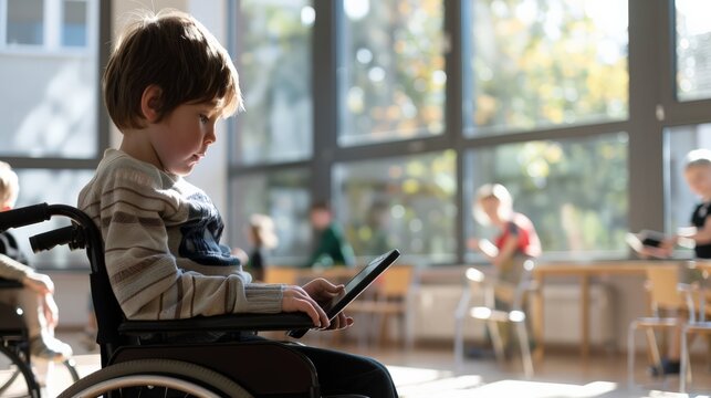 Young boy in wheelchair using a tablet in a bright classroom. Technology and accessibility for disabled students.