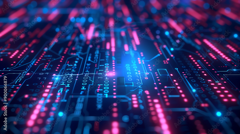 Poster Abstract technology background with glowing circuit lines and binary code, representing modern digital and data concepts.