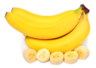 A beautiful bunch of bananas and rings cut isolated on white background. Pieces, tropical fruit. Sliced. Flat lay, top view