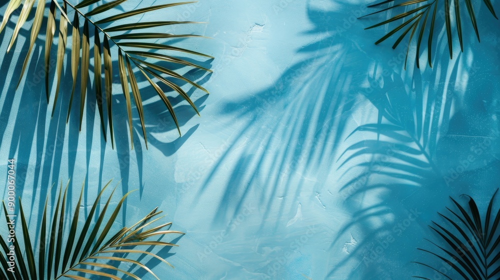 Poster tropical palm leaves casting shadows on a blue backdrop minimalistic nature summer theme flatlay wit