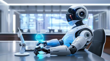 Futuristic robot working on computer, interacting with holographic display in modern office environment. AI and technology in business.
