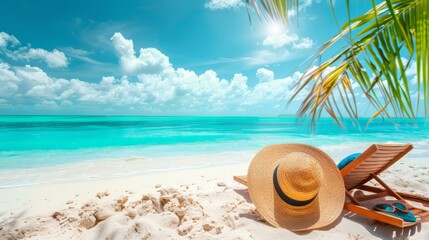 Tropical beach with sunbathing accessories, summer holiday background
