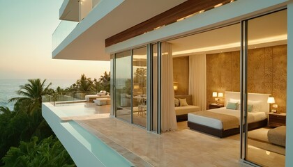 Fototapeta premium Exterior and interior design showing tropical pool villa with green garden. home or house building 3