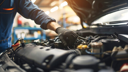 Obraz premium A mechanic works on a car engine in a repair shop.