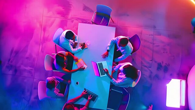 Dynamic team collaboration in modern office view from above, Diverse group business professionals in creative meeting, Brainstorming innovation around table in pink purple neon colors