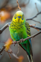 A green and yellow parakeet is perched on a branch