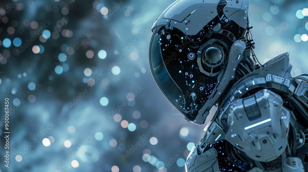 Poster Futuristic robotic helmet in a space environment, with a focus on advanced technology. The scene illustrates the future of AI in space exploration.