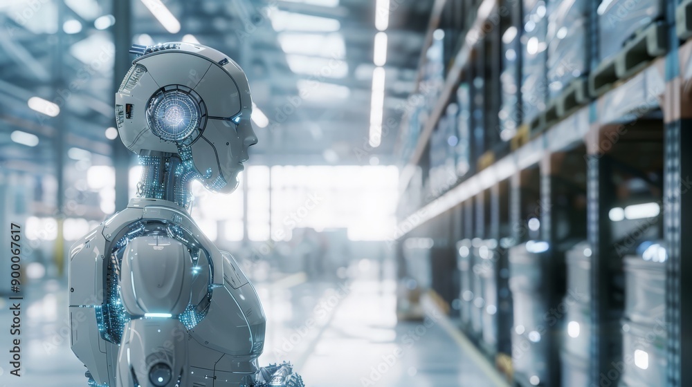 Poster Futuristic robot in a high-tech industrial warehouse. Showcasing advanced robotics and AI technology.