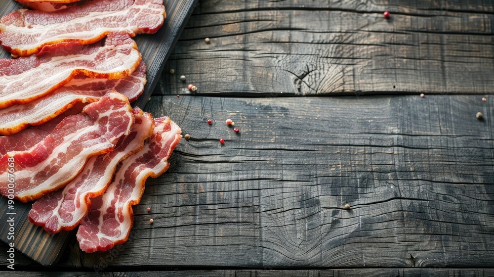 Poster top view of fresh bacon slices on gray wood background with space for text