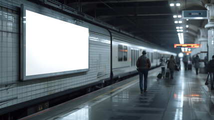 Blank billboard mockup at a train station with arriving passengers
