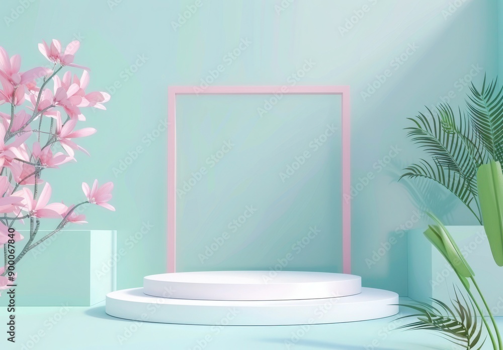 Wall mural minimal geometric product showcase podium with blue frame on light green background. 3d rendering mo