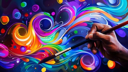 Artist painting a canvas with vibrant abstract shapes, creative thinking, colorful expression of artistic imagination