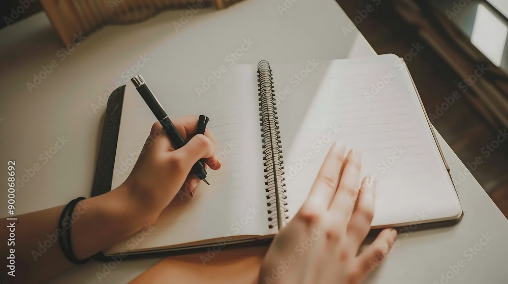 Poster Close-up of a blank notebook being written in at a study desk