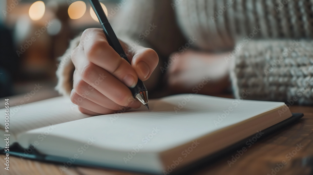 Aufkleber Close-up of a blank notebook being written in at a study desk