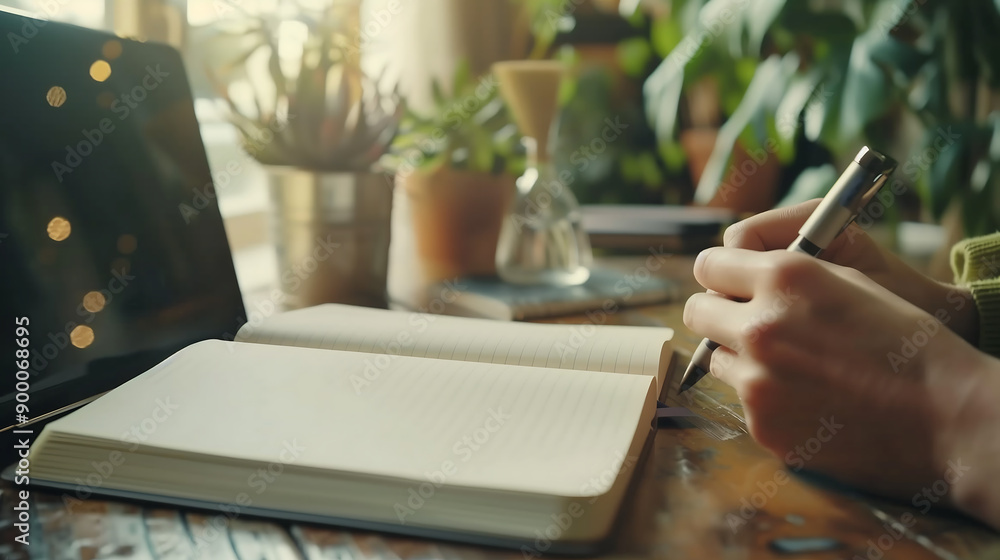 Poster close-up of a blank notebook being written in at a study desk