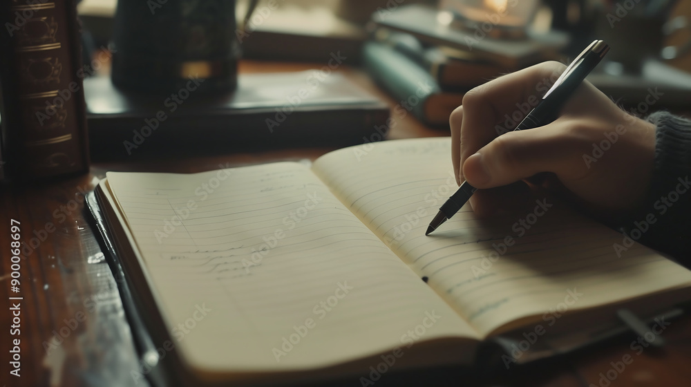 Poster close-up of a blank notebook being written in at a study desk