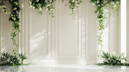 Classic luxury wedding ceremony with green leaves for backdrop interior wall background and copy space