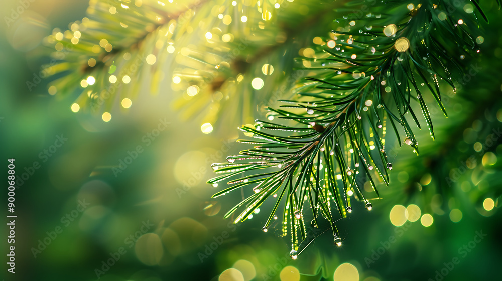 Poster Close-up of pine tree branches with dew drops in early morning light, creating a serene and tranquil nature scene.