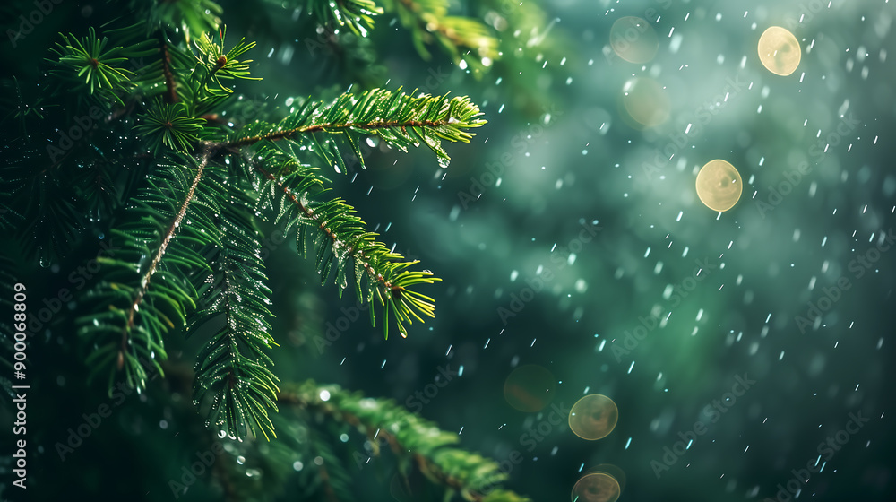 Poster close-up of pine tree branches with rain droplets in a misty forest, capturing the serene and fresh 