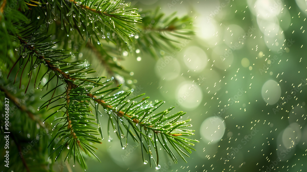 Poster close-up of pine tree branches with rain droplets in a misty forest, capturing the serene and fresh 